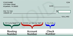 Check Example demonstrating where to find the routing, account and check number